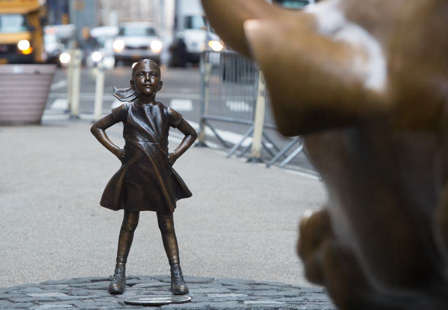Exhibit 8.6 The New York Stock Exchange (NYSE) named Stacy Cunningham the first female head of the exchange in its 226-year history. Outside the exchange, the statue “Fearless Girl” by Kristen Virbal staring down the “bull” statue represents the need for more female representation on the world’s most important exchange. How does the naming of Stacy Cunningham as head of the NYSE demonstrate that the glass ceiling has been shattered? (Anthony Quintano/ Flickr/ Attribution 2.0 Generic (CC BY 2.0)