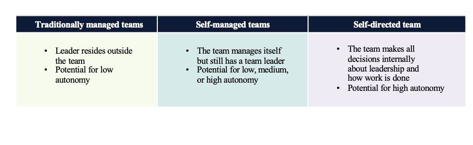 Figure 9.5 Team leadership is a major determinant of how autonomous a team can be.
