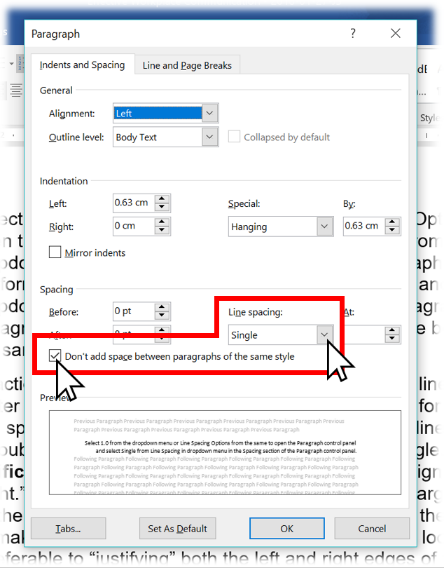 Screen shot of dialog box in Microsoft Word showing the dropdown menu where line spacing can be changed
